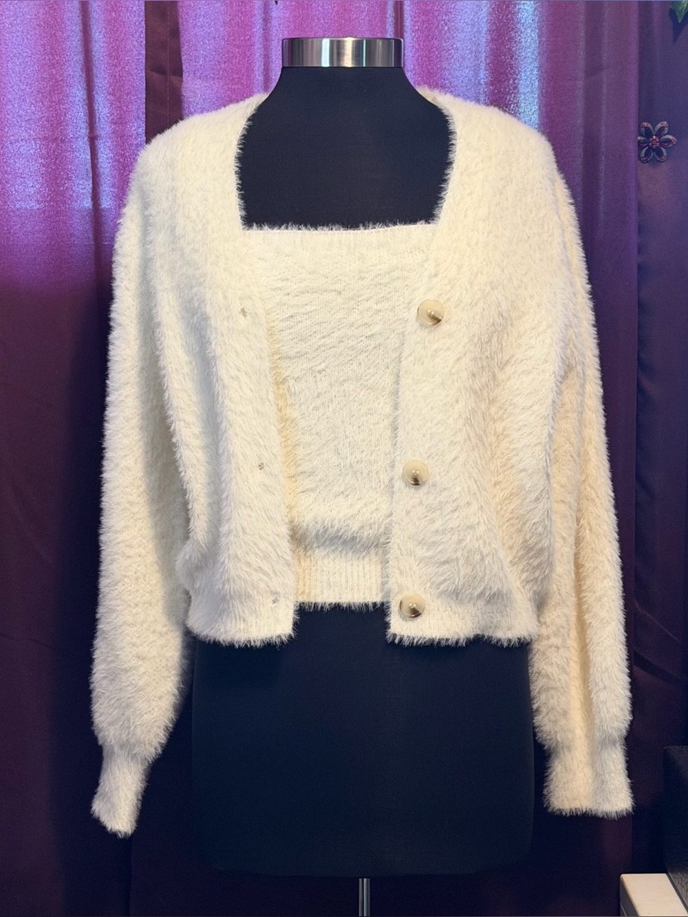 Willow And Wind Cardigan And Tank Top Sweater Twinset Fuzzy Ivory New